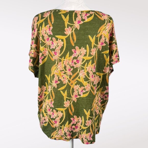 Rachel Zoe Linen Floral Top Green Pink Short Sleeve V Neck Blouse Size Large - Picture 5 of 8